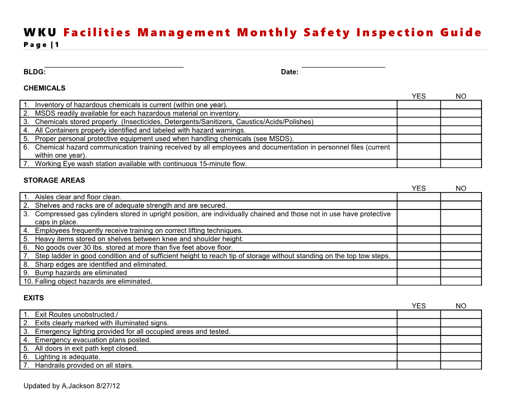 Wkufacilities Management Monthly Safety Inspection Guide Page 1