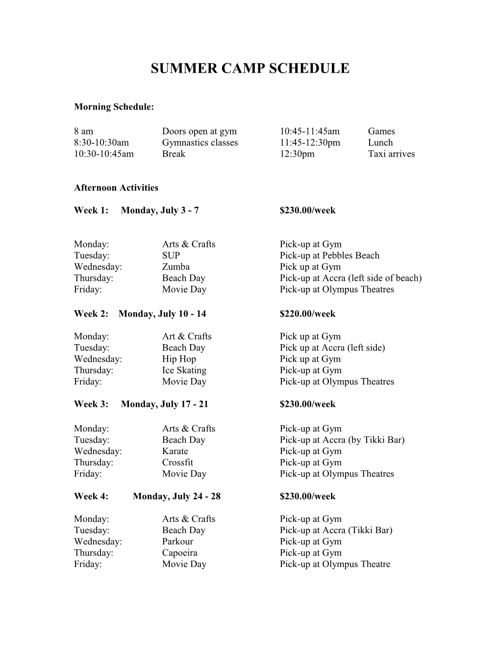 Christmas Camp Schedule