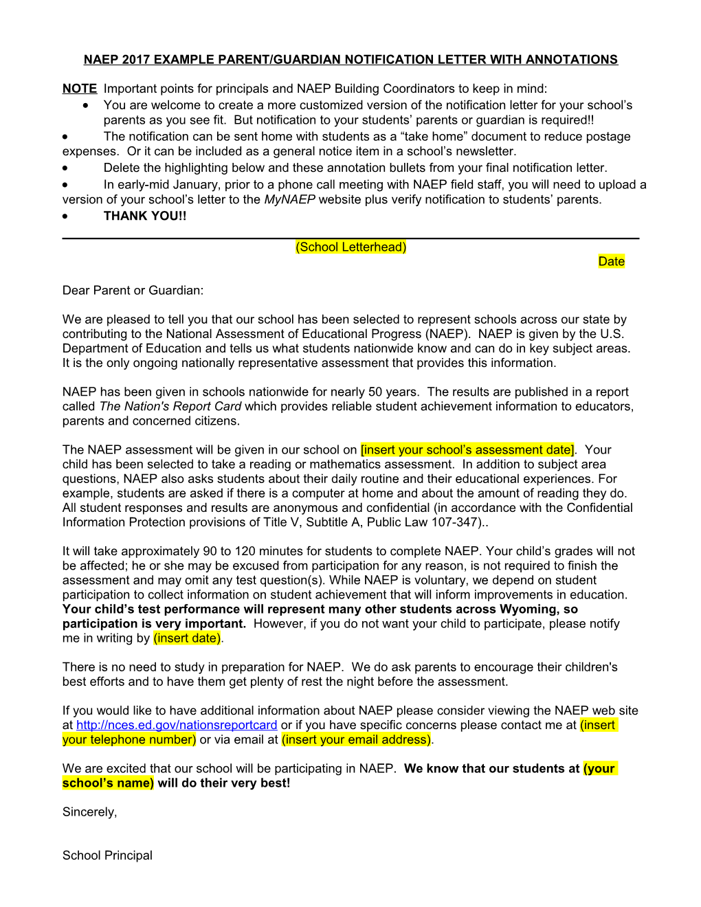 Sample Naep 2011 Parent/Guardian Notification Letter