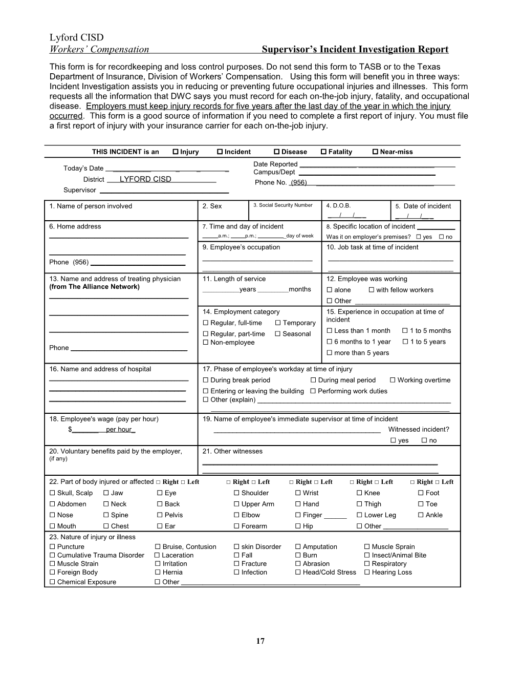 Incident Investigation Record - Loss Control Manual - TASB Fund Member Library