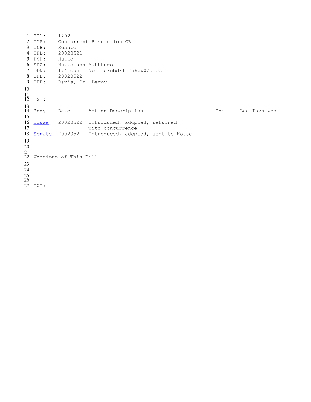 2001-2002 Bill 1292: Davis, Dr. Leroy - South Carolina Legislature Online