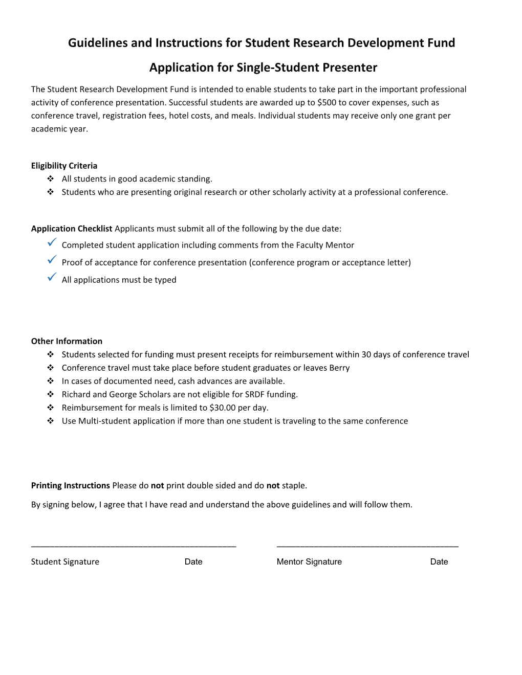 Guidelines and Instructions Forstudent Research Development Fund