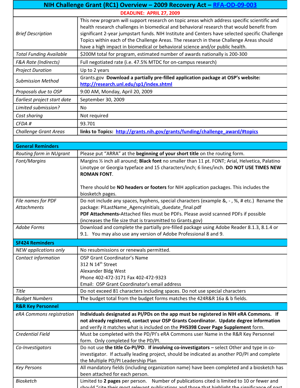 NIH Challenge Grant (RC1) 2009 Recovery Act