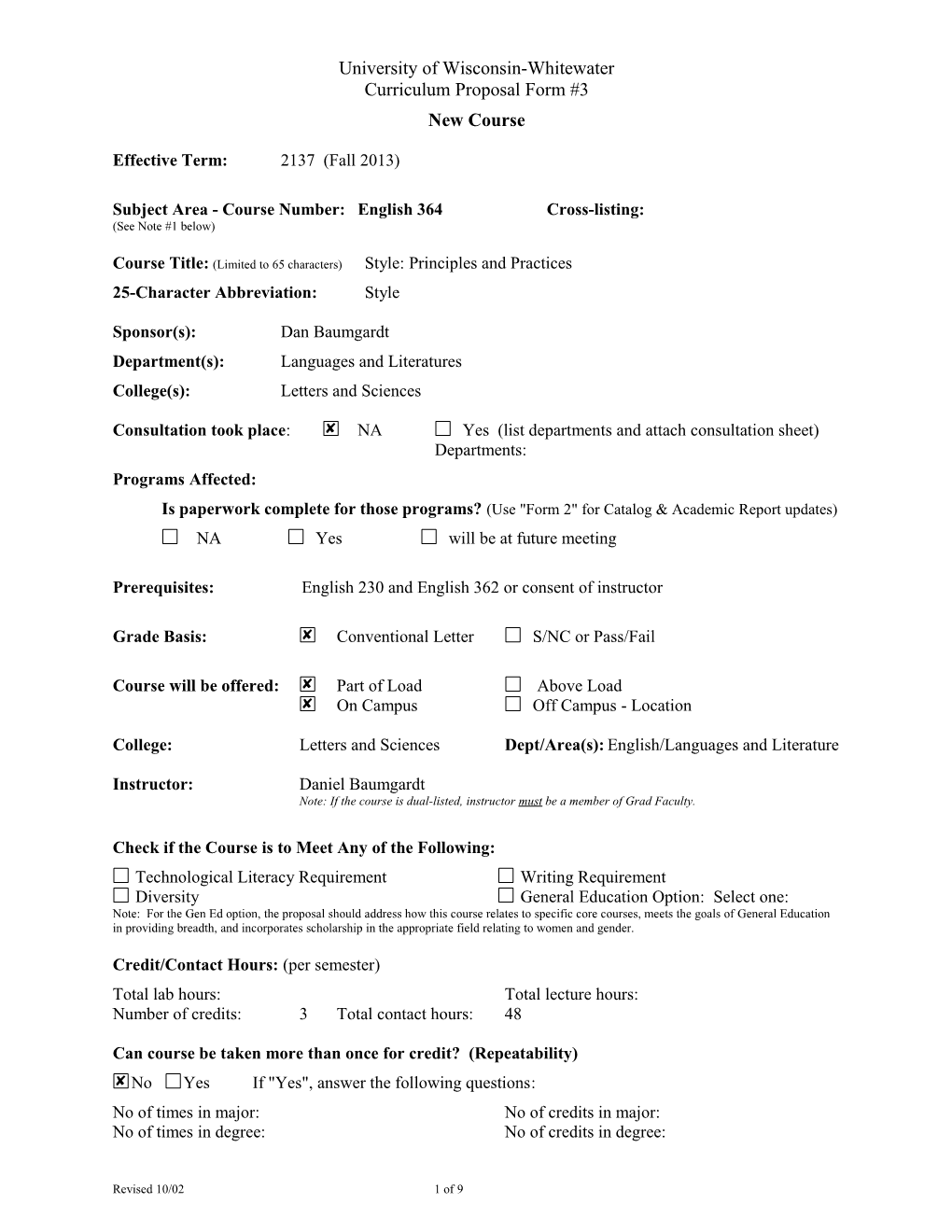 Subject Area - Course Number:English 364Cross-Listing