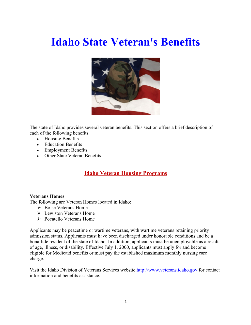 Idaho State Veteran's Benefits
