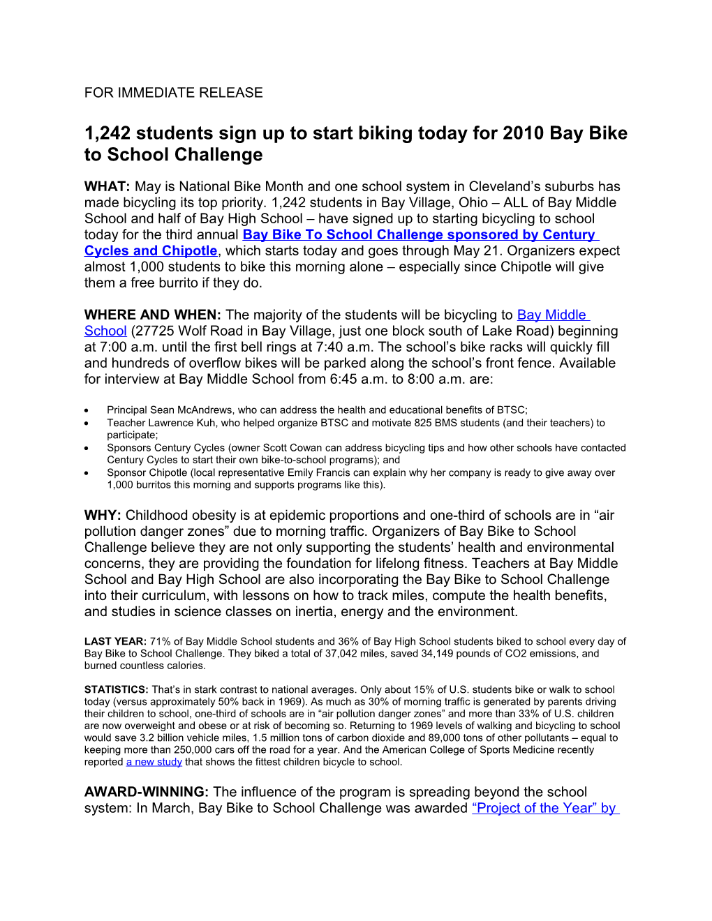 1,242 Students Sign up to Start Biking Today for 2010 Bay Bike to School Challenge