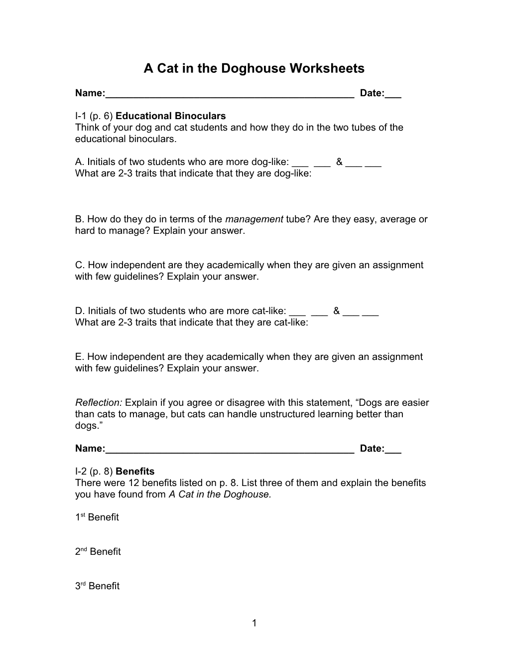 A Cat in the Doghouse Worksheets