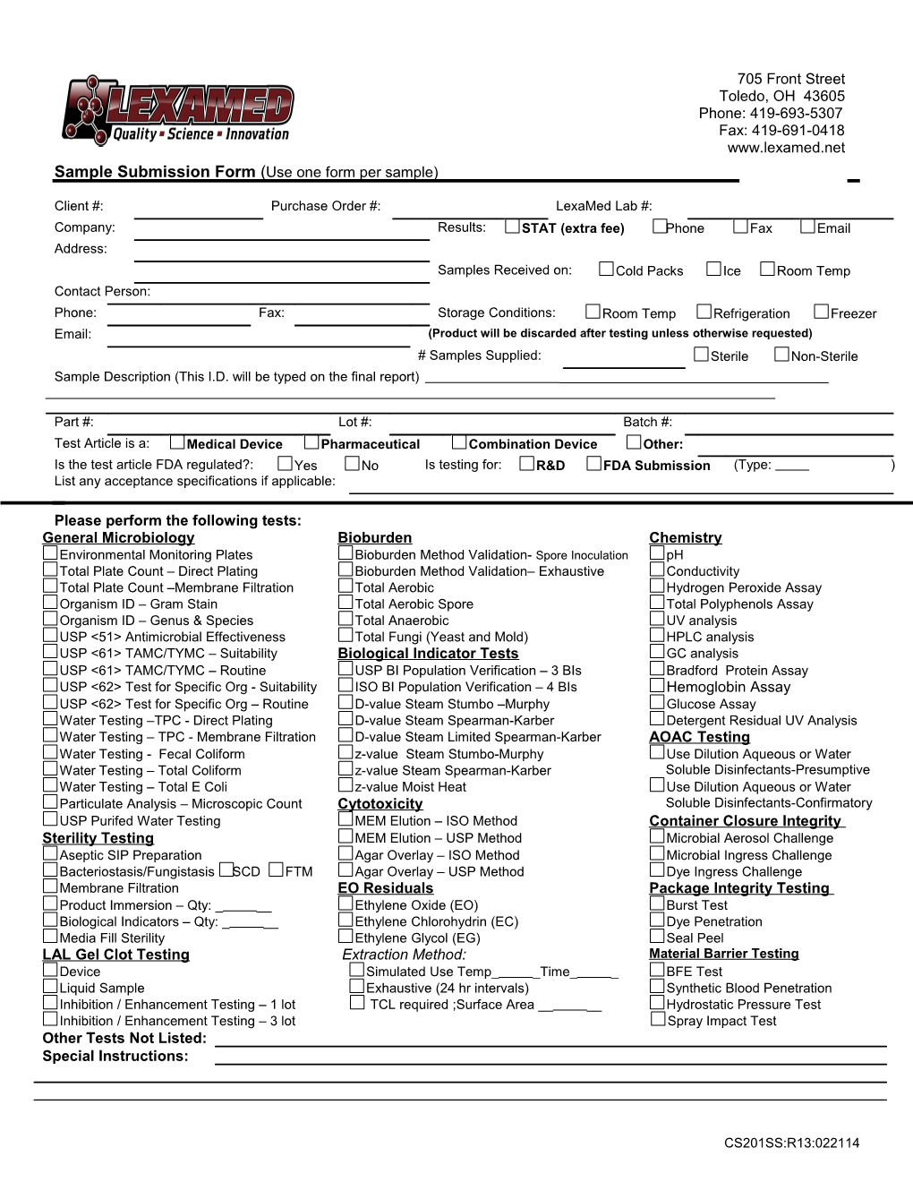 Sample Submission Form Medical Device Testing / Microbiology