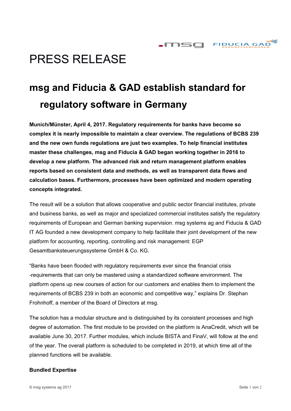 Msg and Fiducia & GAD Establish Standard for Regulatory Software in Germany