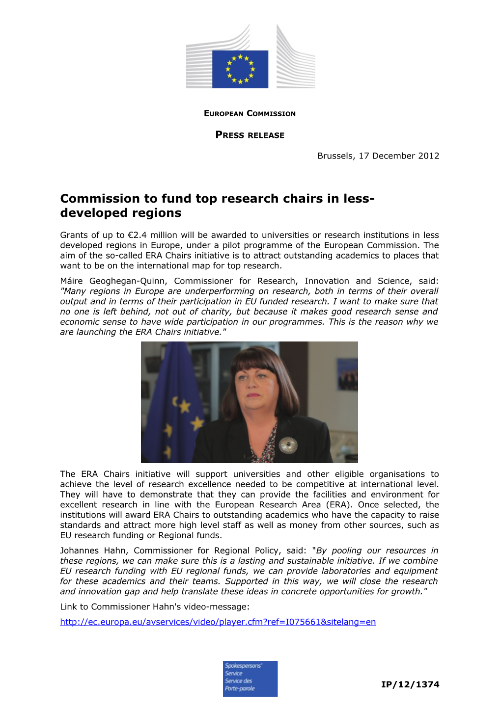 Commission to Fund Top Research Chairs in Less-Developed Regions