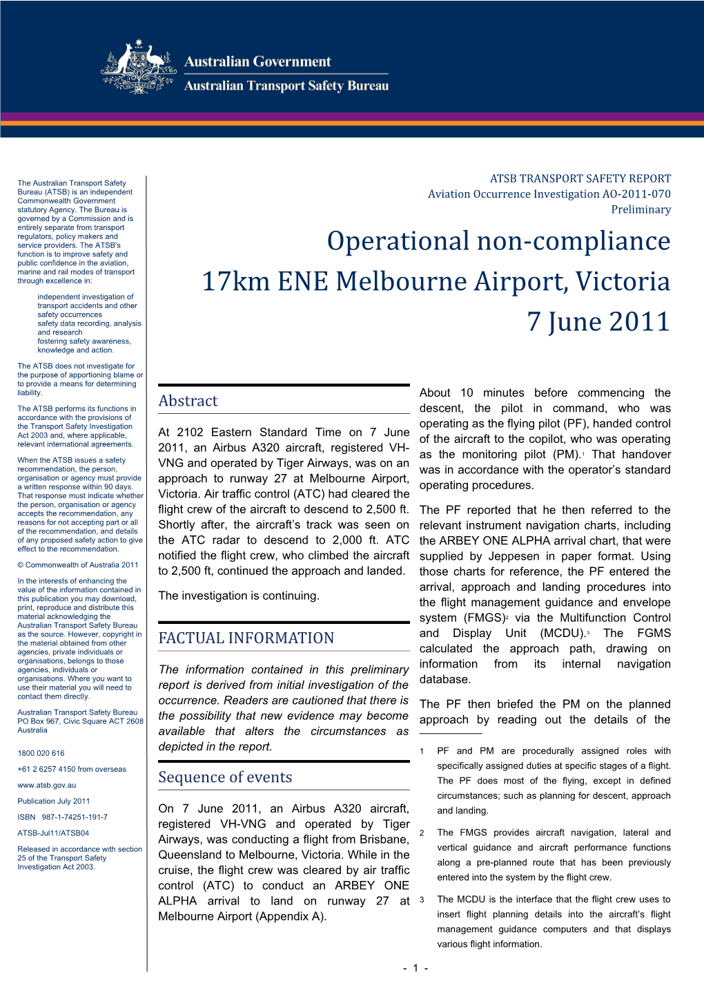 Operational Non-Compliance 17Km ENE Melbourne Airport, Victoria 7 June 2011