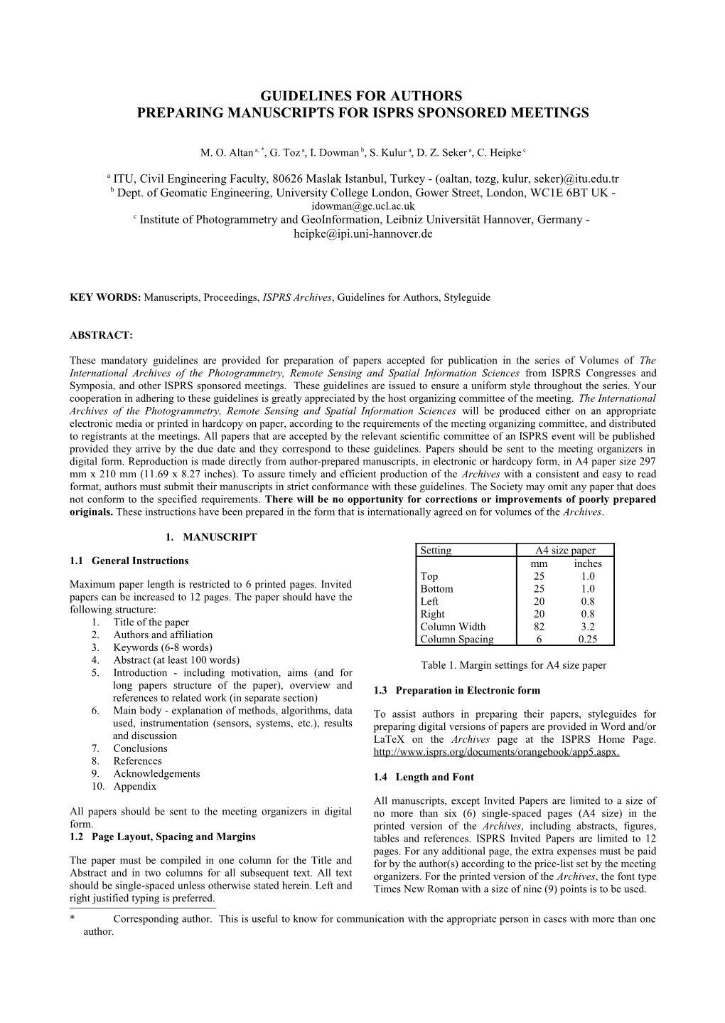 Preparing Manuscripts for Isprs Sponsored Meetings