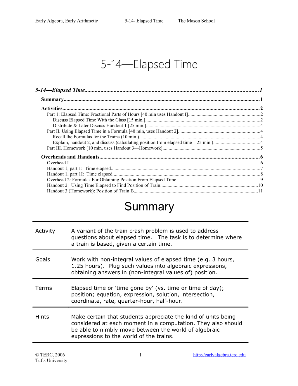 Early Algebra, Early Arithmetic 5-14- Elapsed Time the Mason School