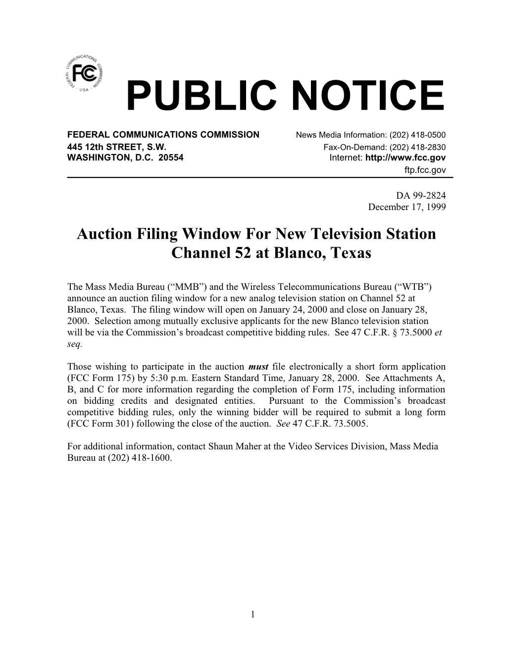 Auction Filing Window for New Television Station Channel 52 at Blanco, Texas
