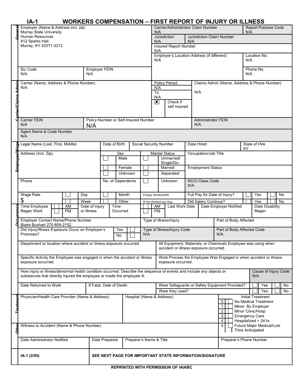 Ia-1Workers Compensation First Report of Injury Or Illness