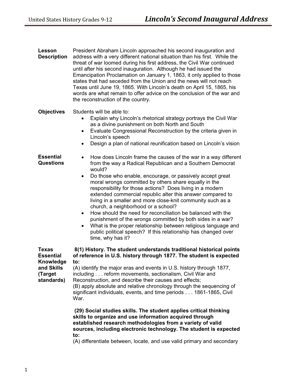 United States History Grades 9-12 Lincoln S Second Inaugural Address