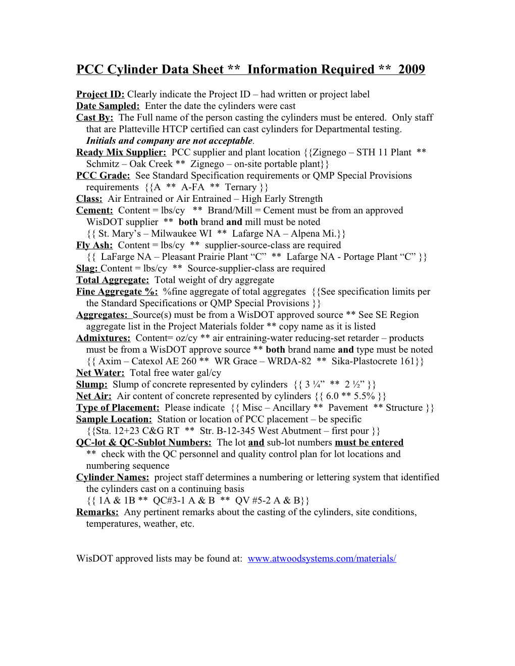 PCC Cylinder Data Sheet Information Required 2009