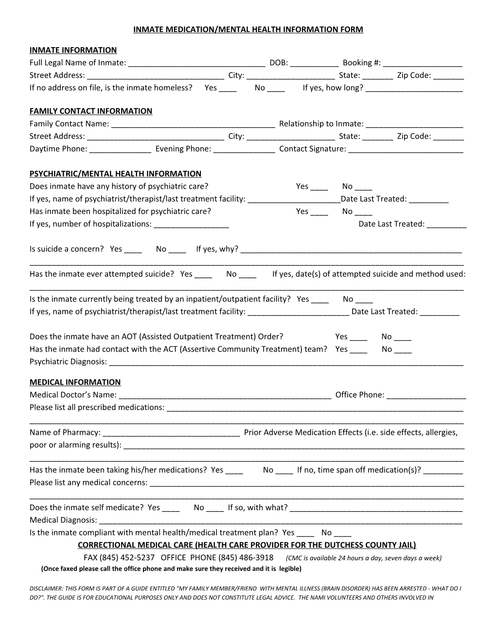 Inmate Medication/Mental Health Information Form