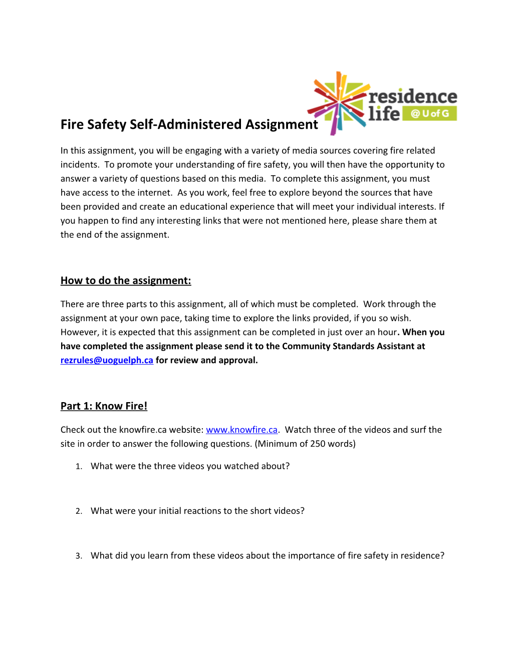 Fire Safety Self-Administered Assignment