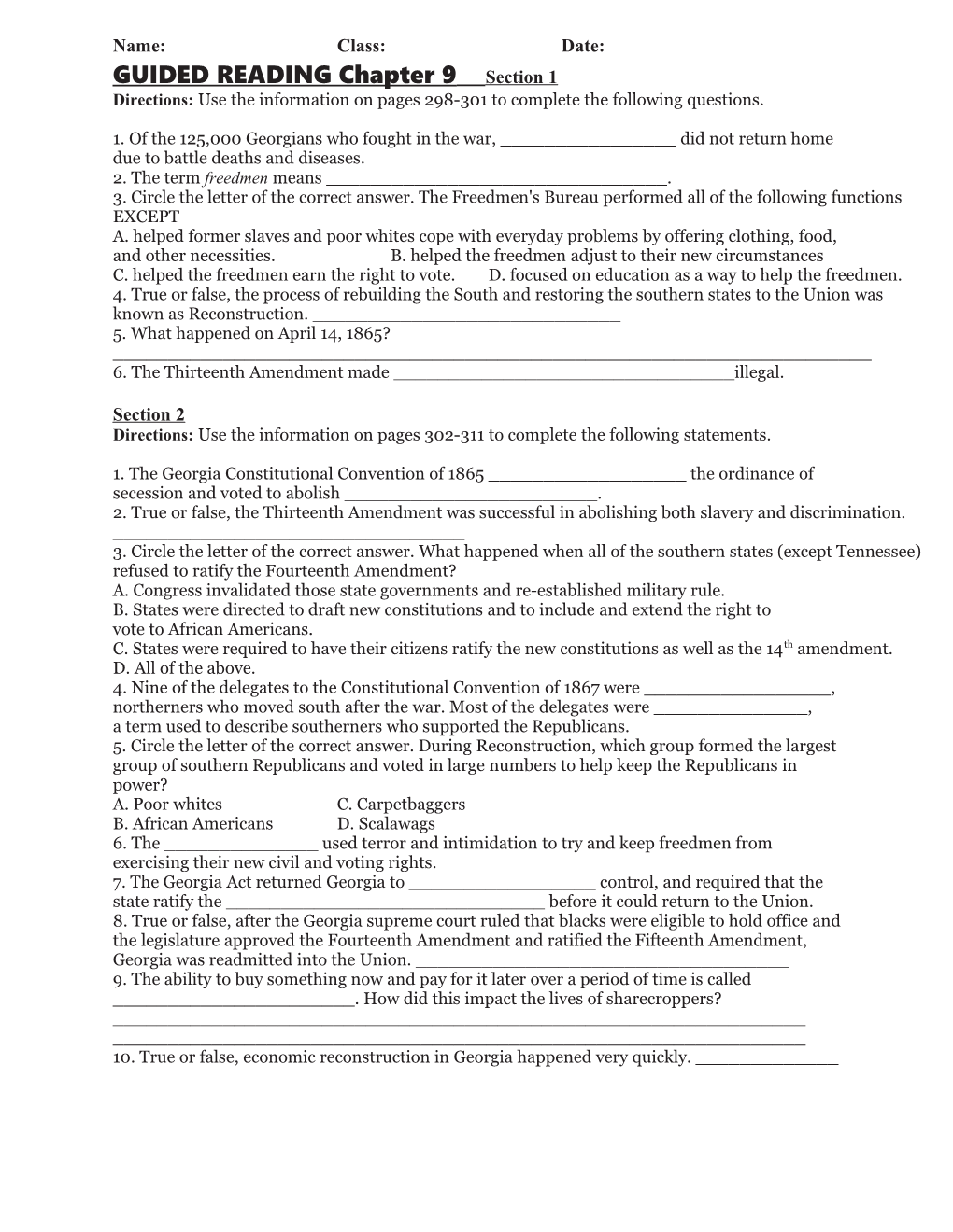 GUIDED READING Chapter 9 Section 1