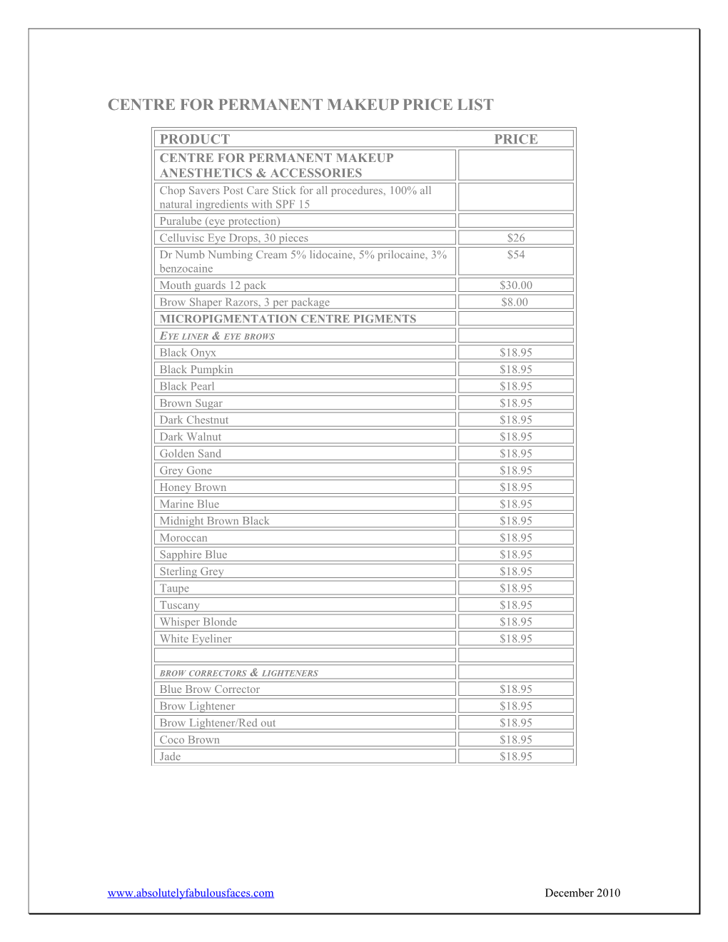 Centre for Permanent Makeup Price List