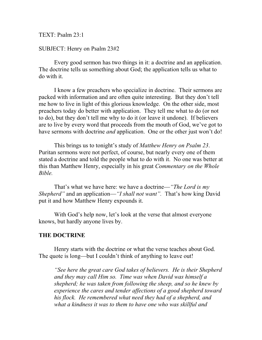 SUBJECT: Henry on Psalm 23#2