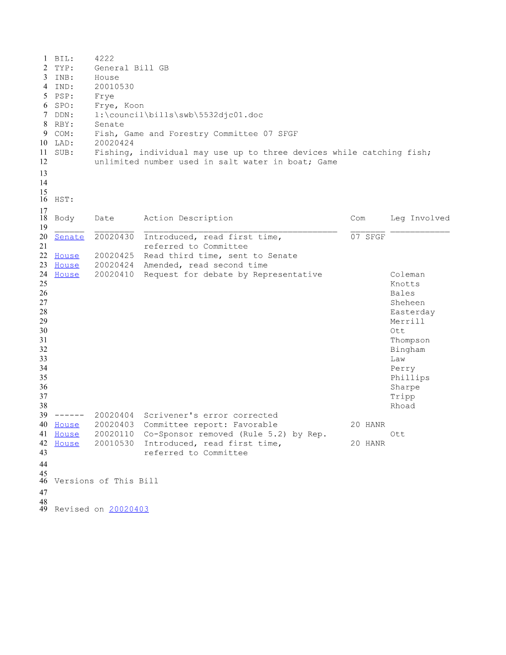 2001-2002 Bill 4222: Fishing, Individual May Use up to Three Devices While Catching Fish;