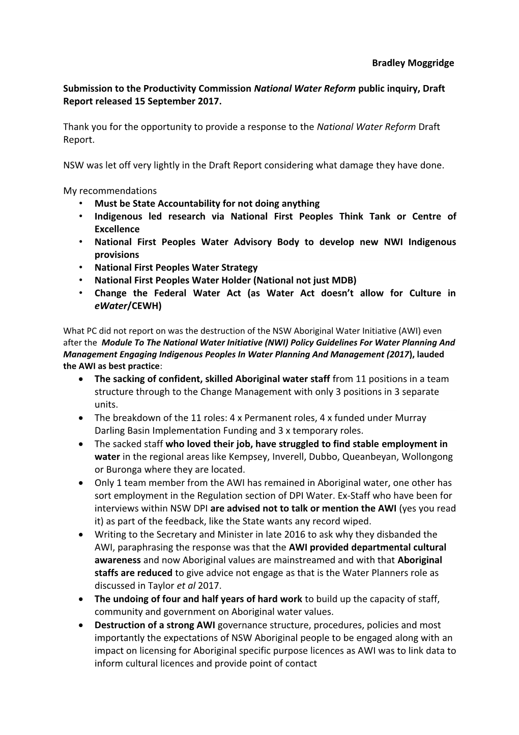 Submission DR117 - Bradley Moggridge - National Water Reform - Public Inquiry