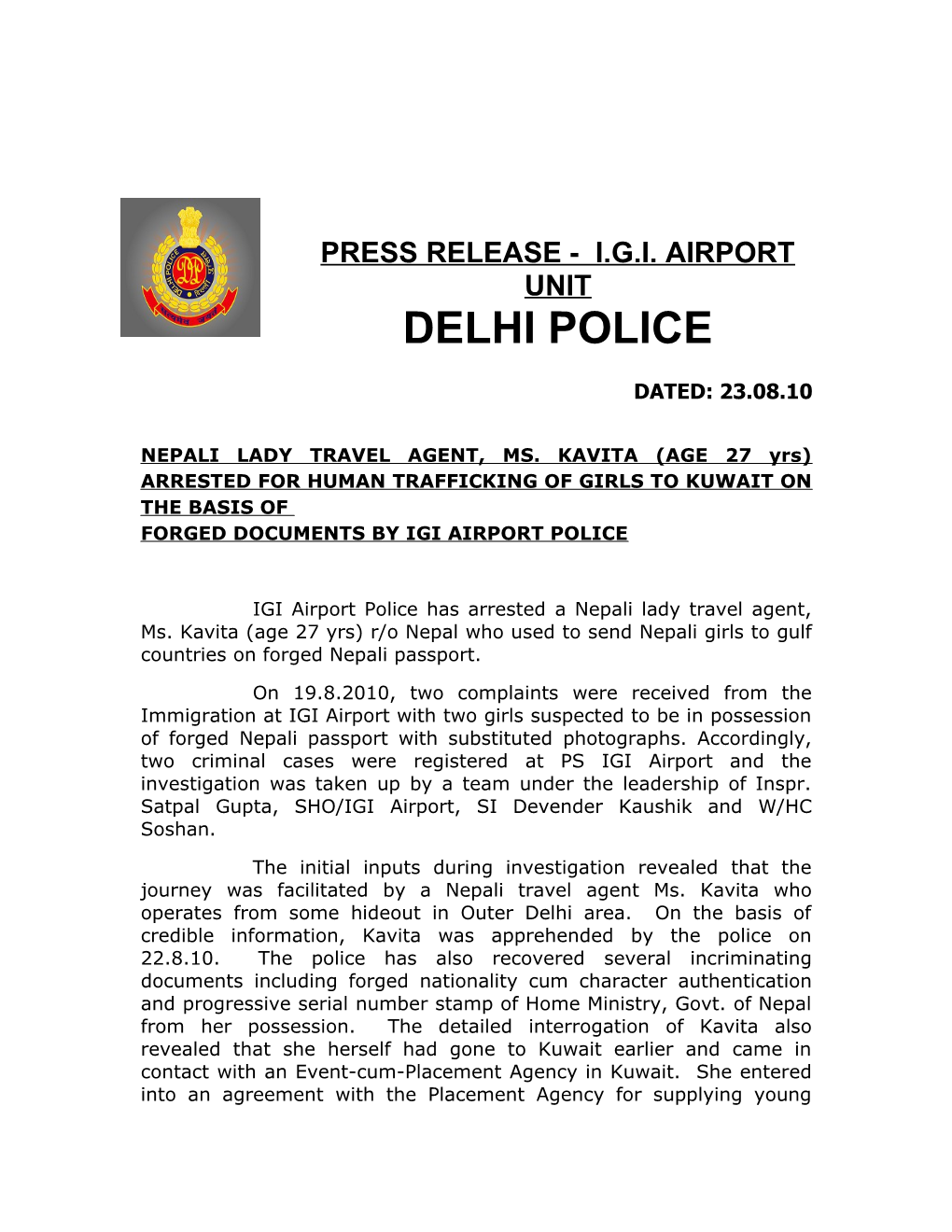 Press Release - I.G.I. Airport Unit