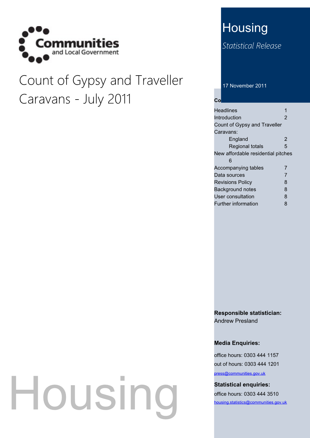 Gypsy and Traveller Caravan Count - July 2011 - Statistical Release