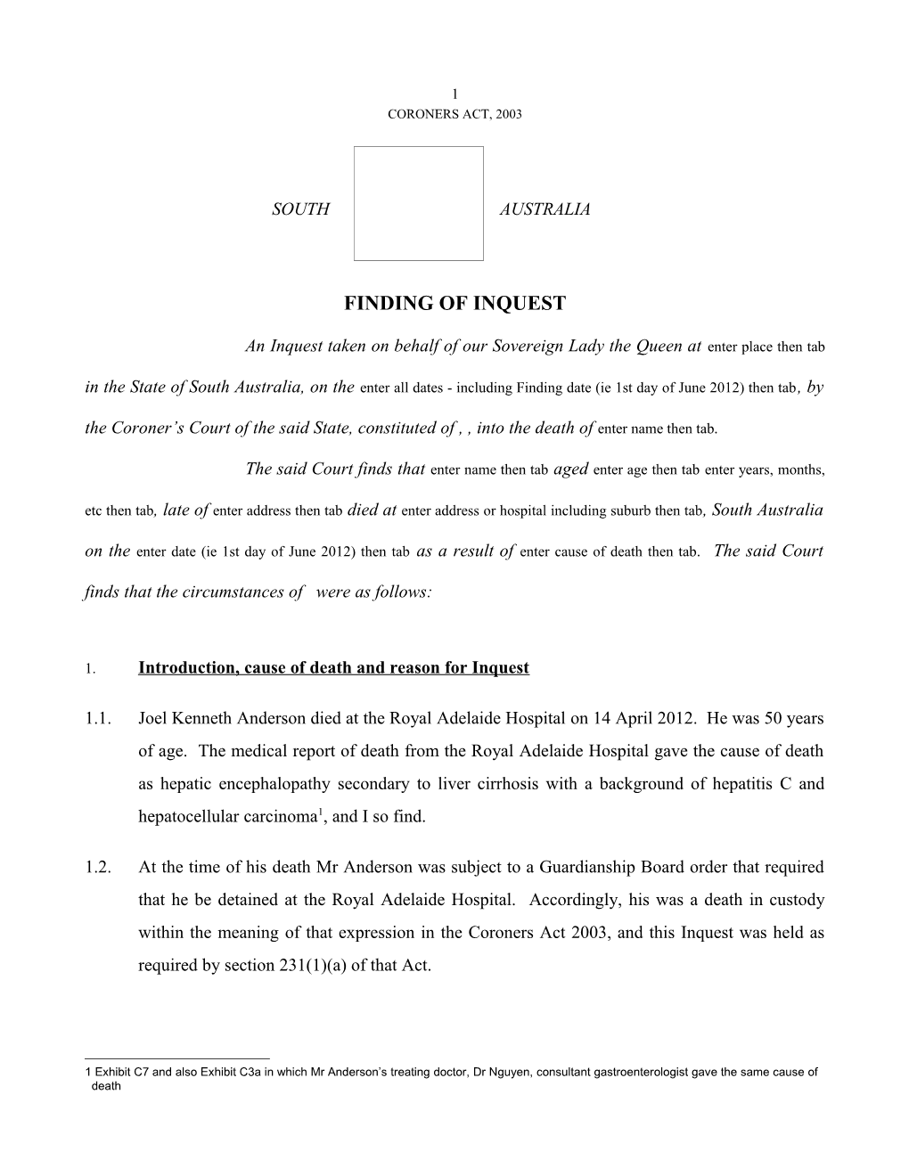 Finding of Inquest - Joel Kenneth Anderson