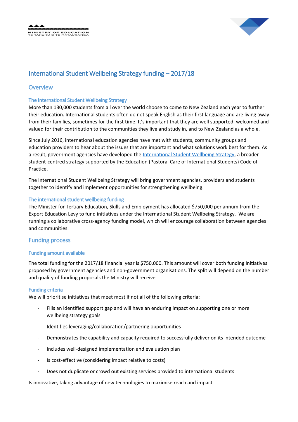 International Student Wellbeing Strategy Funding 2017/18