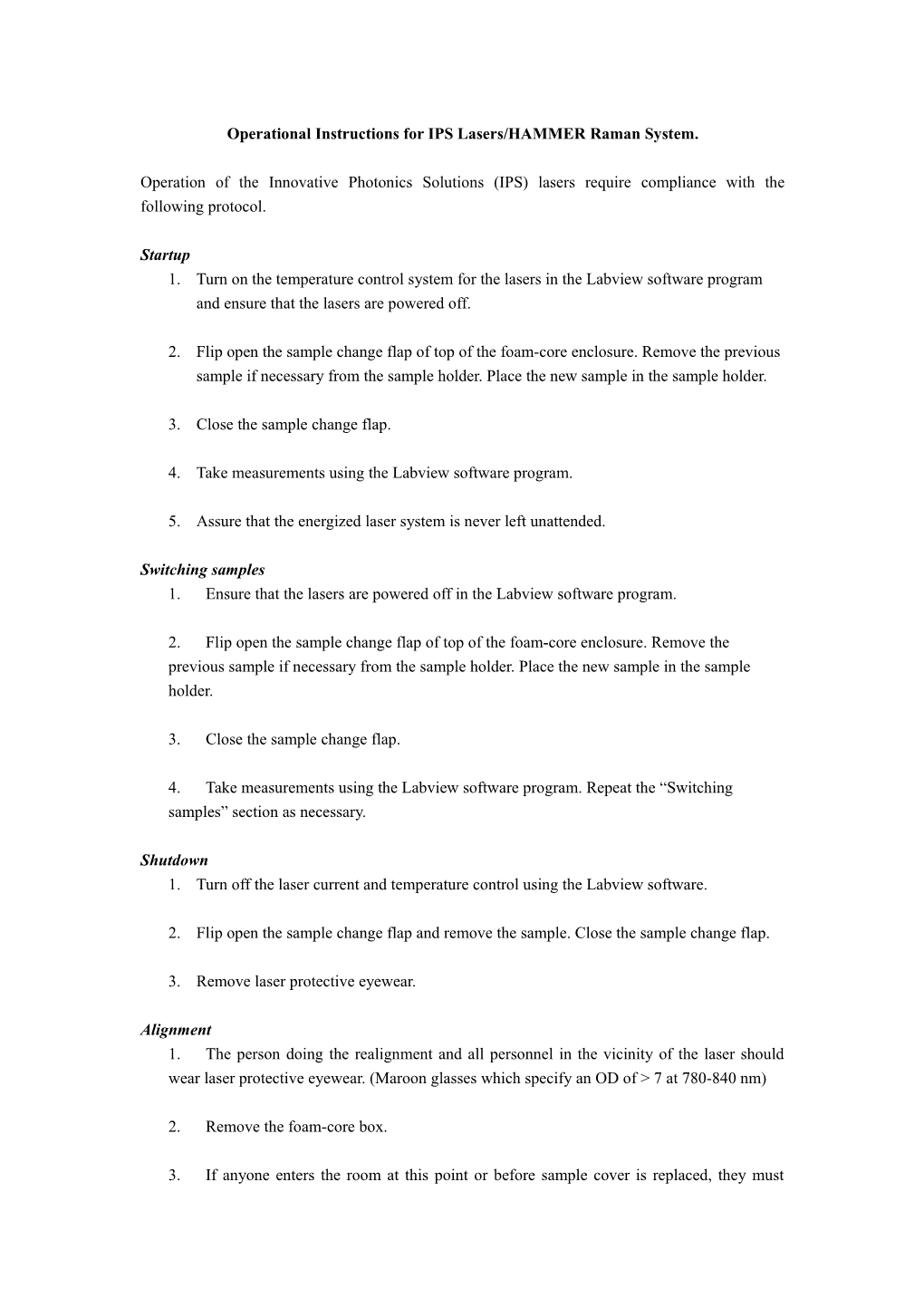 Operation Safety Procedure for Kaiser Optics Raman Spectrometer (Rm