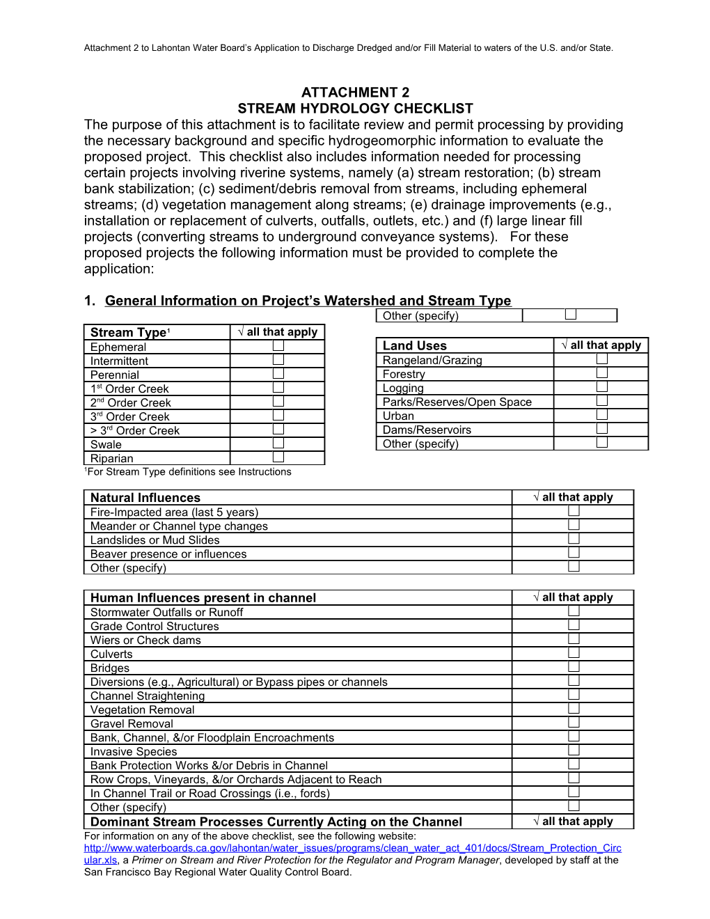 Stream Hydrology Checklist