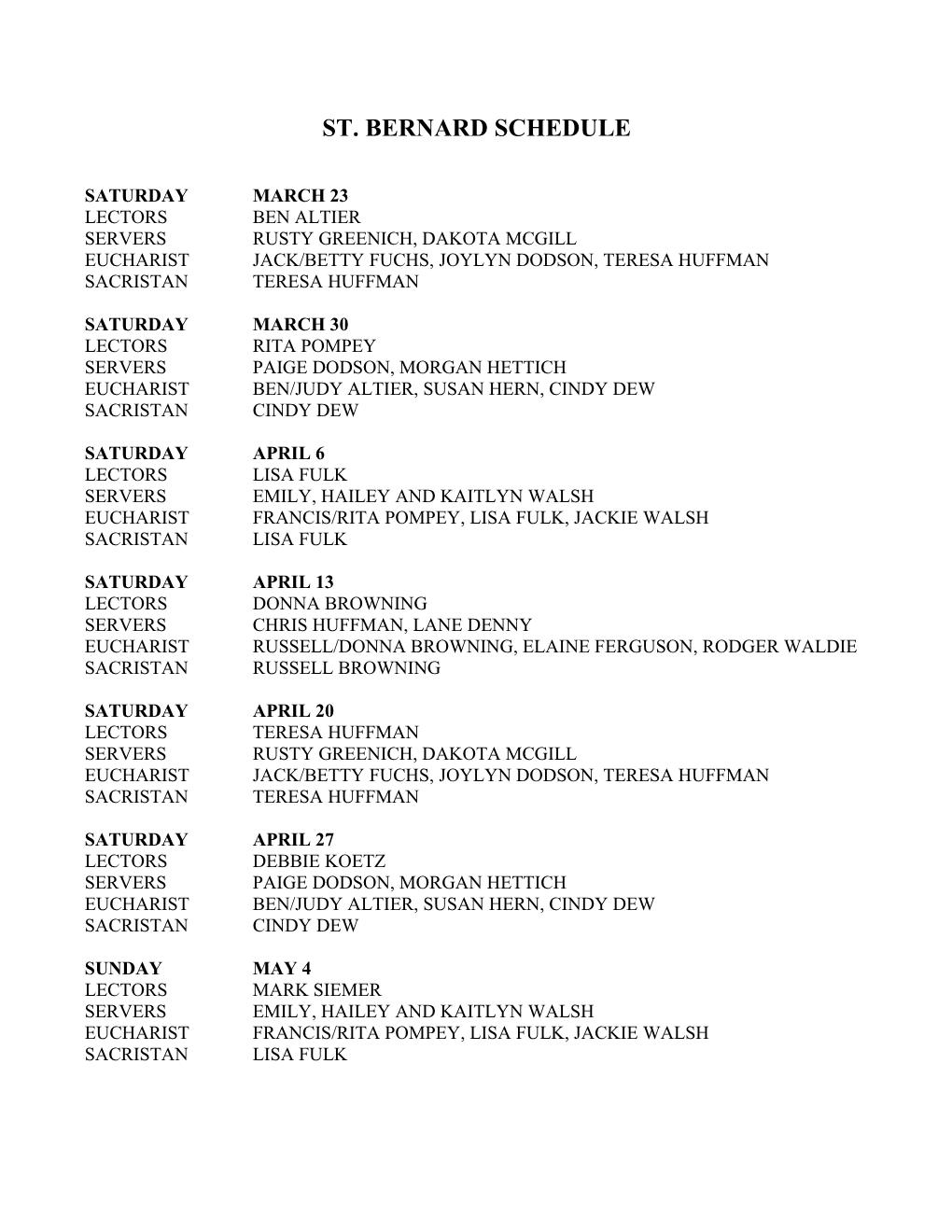 St. Bernard Schedule