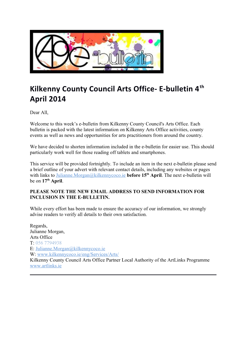 Kilkenny County Council Arts Office- E-Bulletin 4Th April 2014