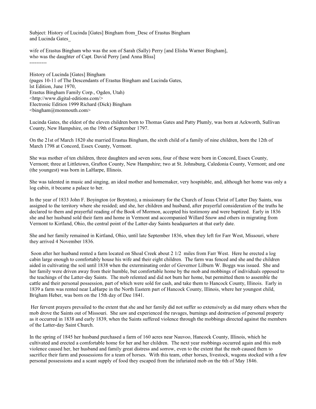 Subject: History of Lucinda Gates Bingham from Desc of Erastus Bingham