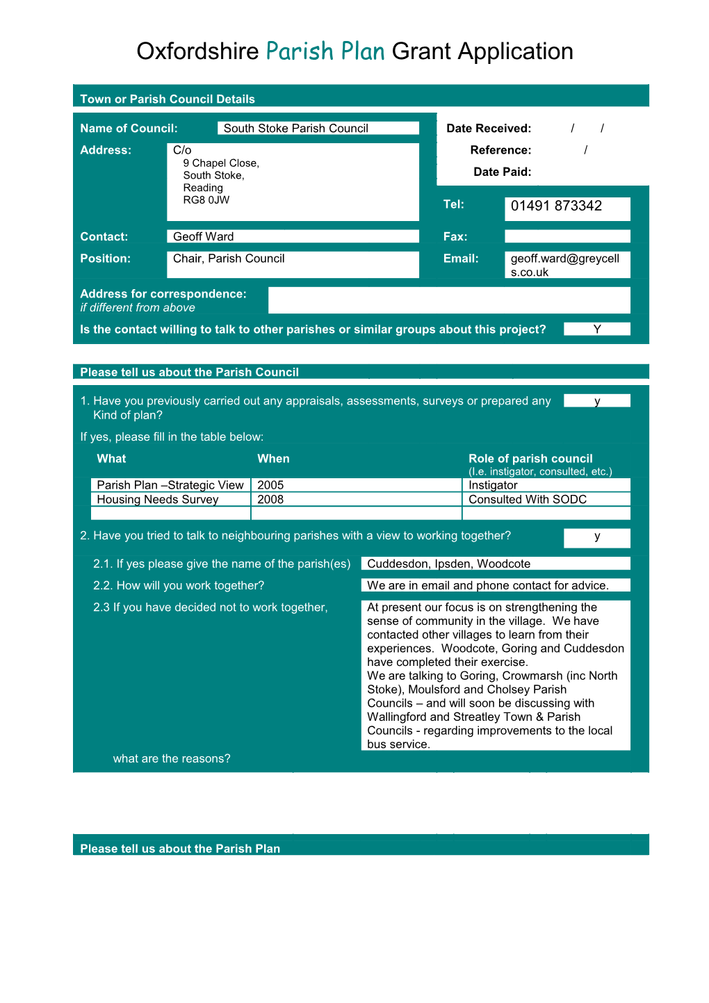 Oxfordshire Parish Plan Grant Form