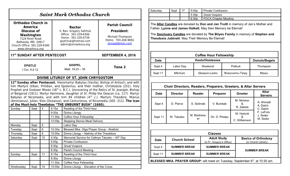 11Th SUNDAY AFTER PENTECOST SEPTEMBER 4, 2016