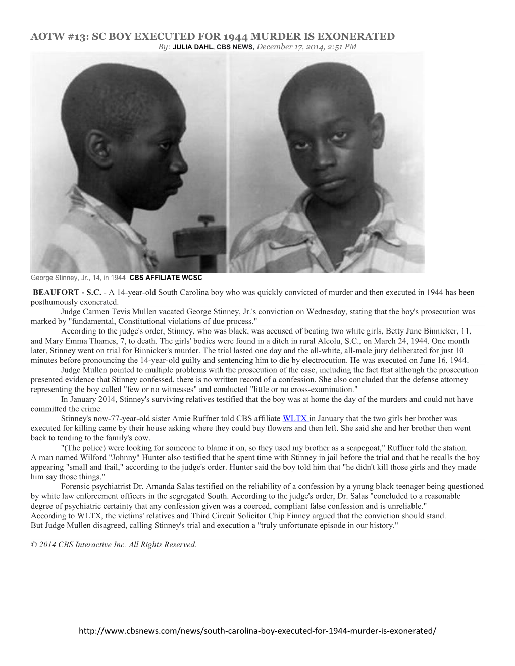 Aotw #13: Sc Boy Executed for 1944 Murder Is Exonerated