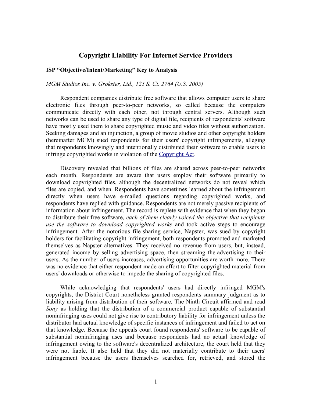 Copyright Liability for Internet Service Providers