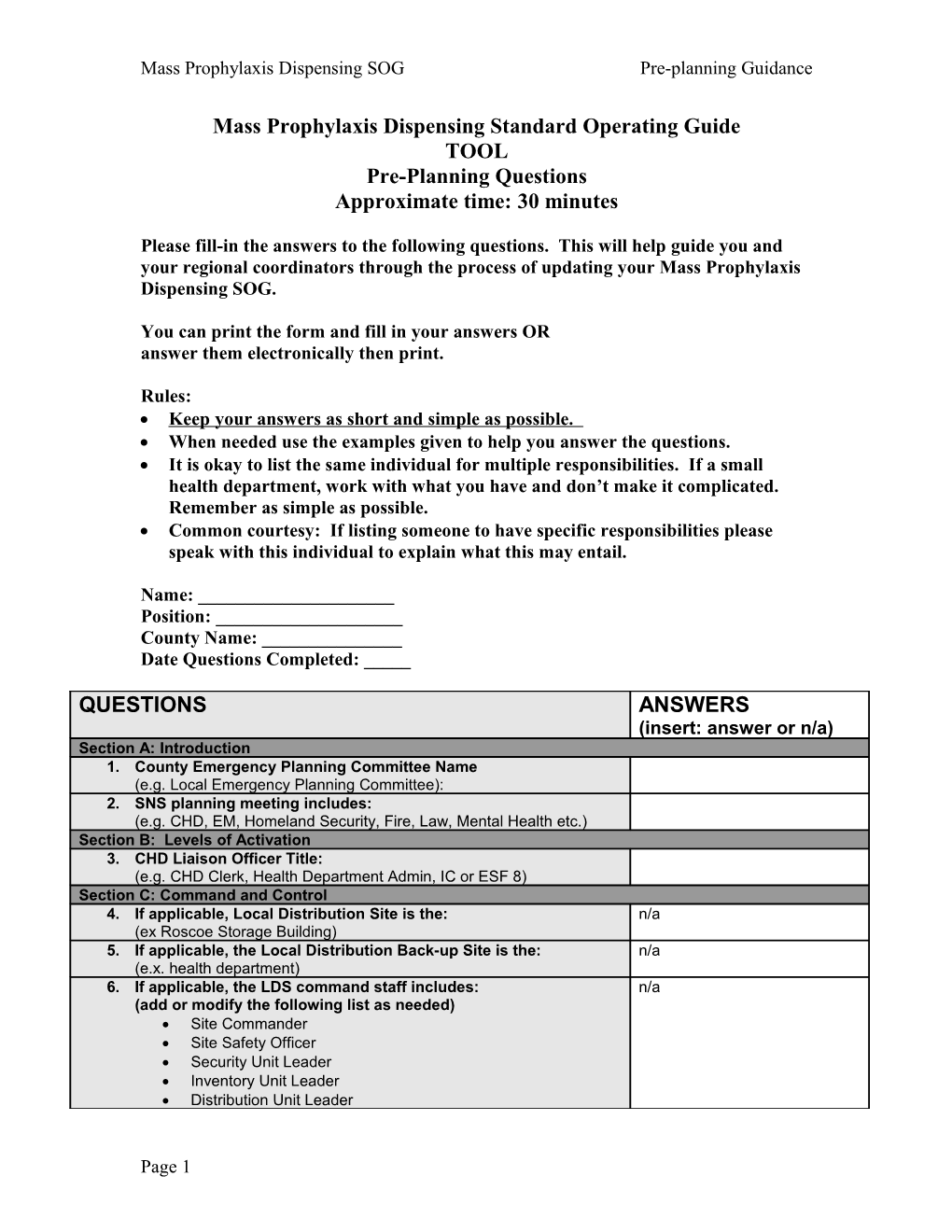 Mass Prophylaxis Dispensing Standard Operating Guide