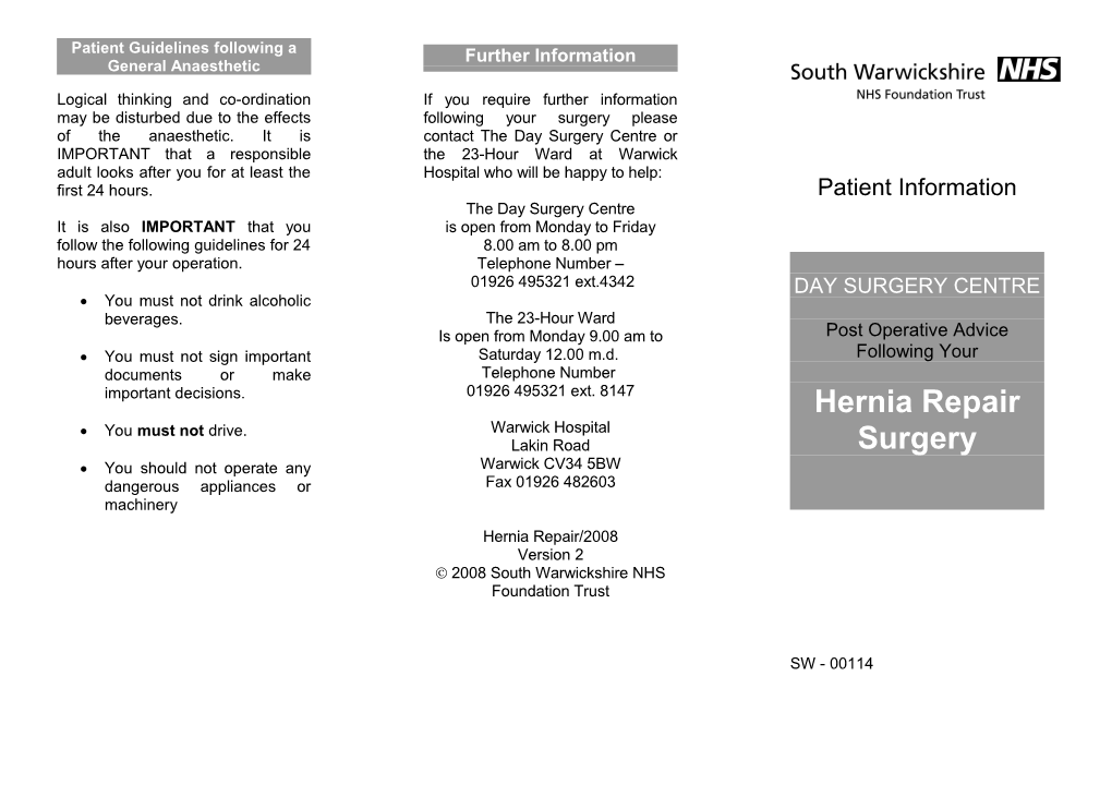 Patient Guidelines Following a General Anaesthetic