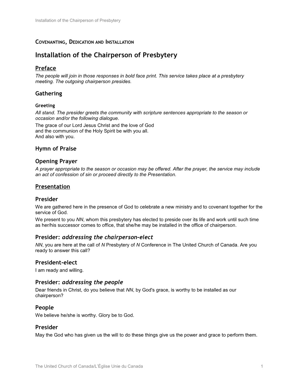 Installation of the Chairperson of Presbytery