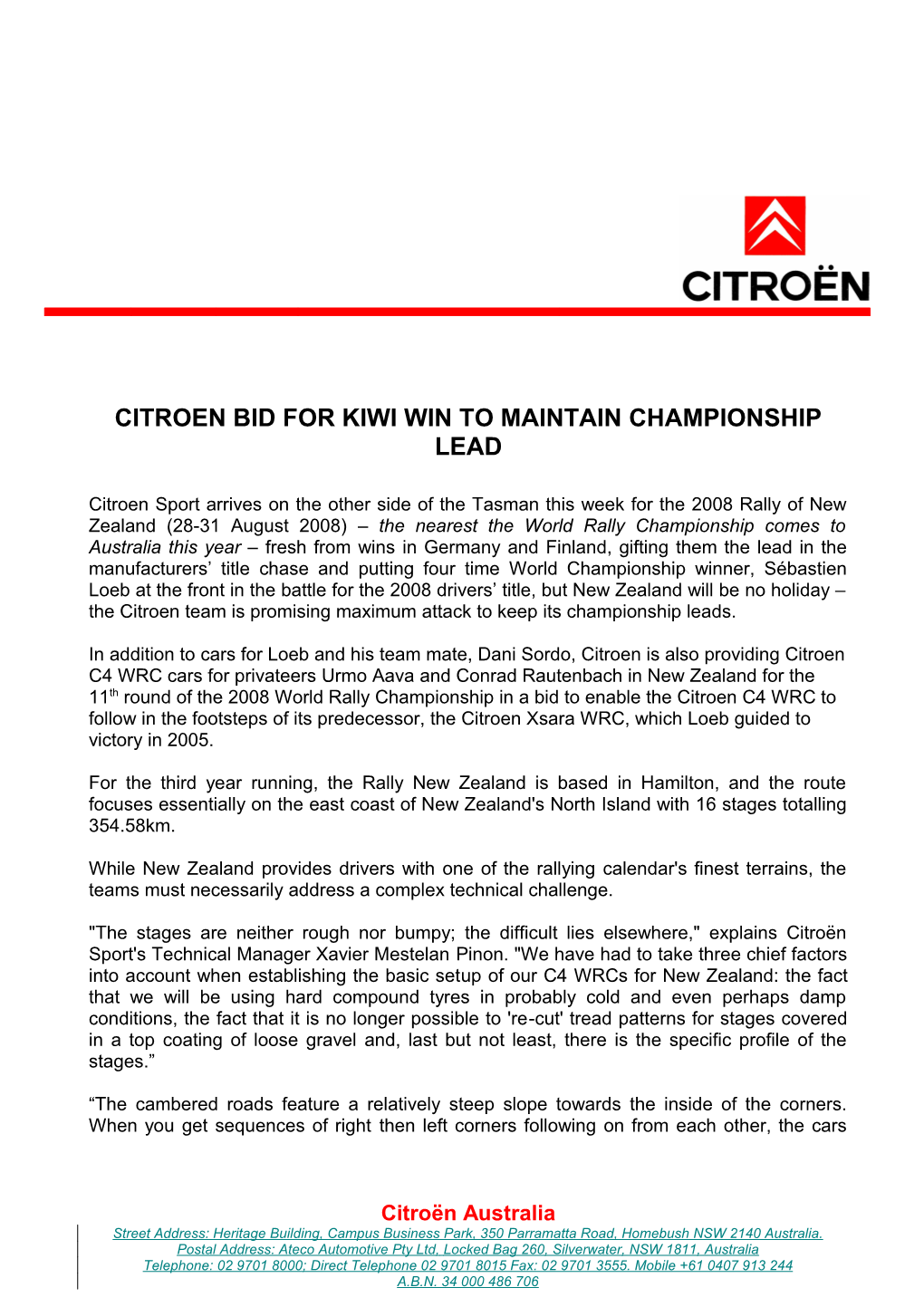 Citroen Bid for Kiwi Win to Maintain Championship Lead