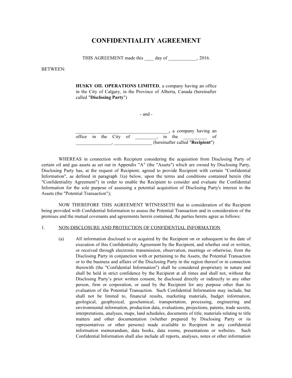 Western Canada Sale Confidentiality Agreement