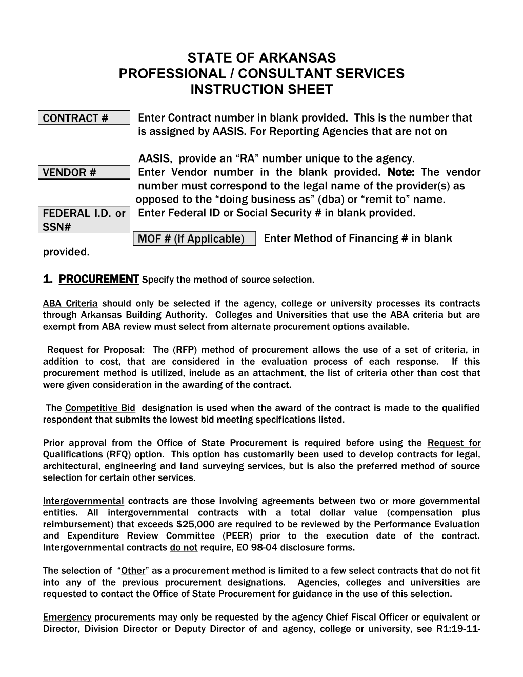 Professional and Consultant Service Contract Instruction Sheet