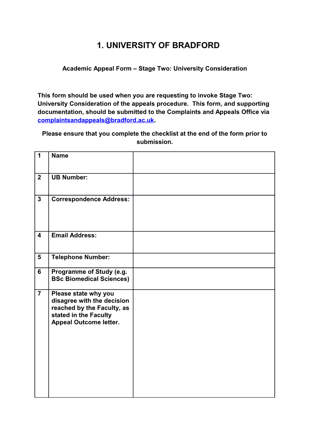 Academic Appeal Form Stage Two: University Consideration
