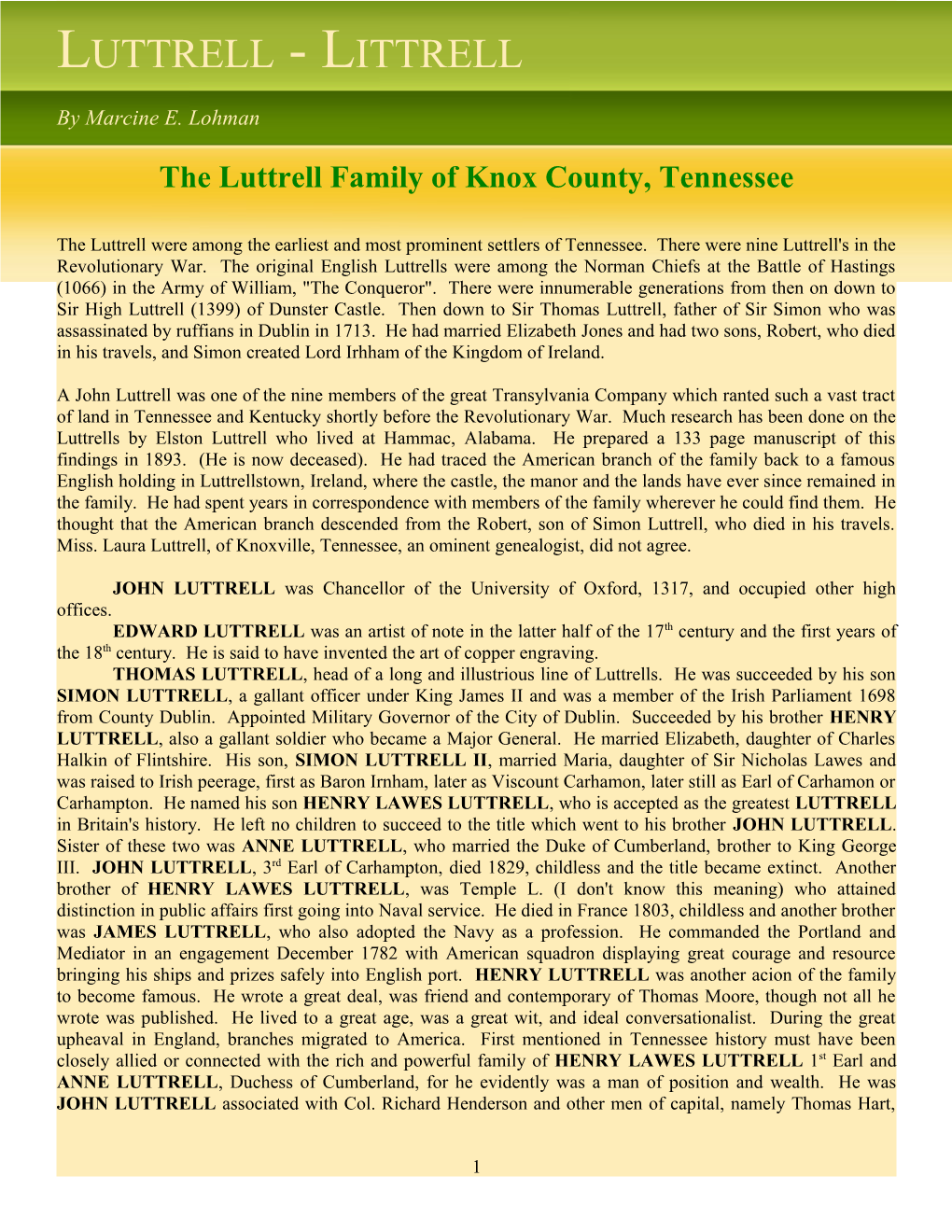 The Luttrell Family of Knox County, Tennessee