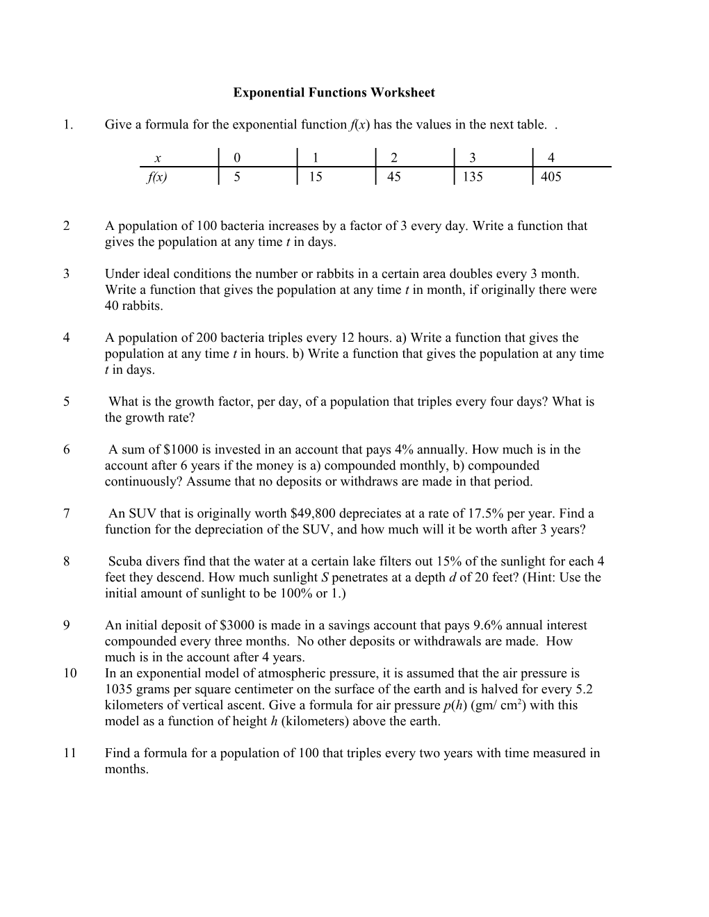 Exponential Function Worksheet